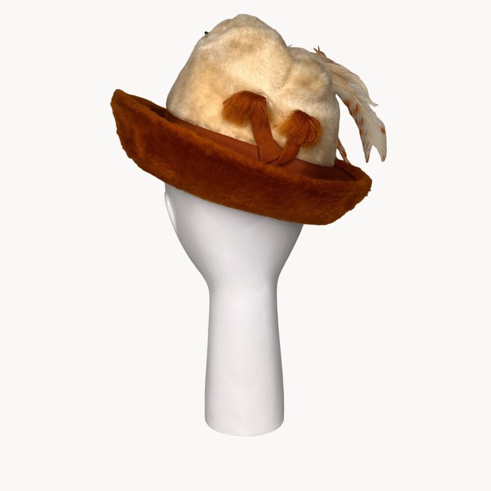 Vintage 60s Pinched Crown Fuzzy Fedora Hat 2 Tone White Rust Breton Mod Bellini - Picture 4 of 14